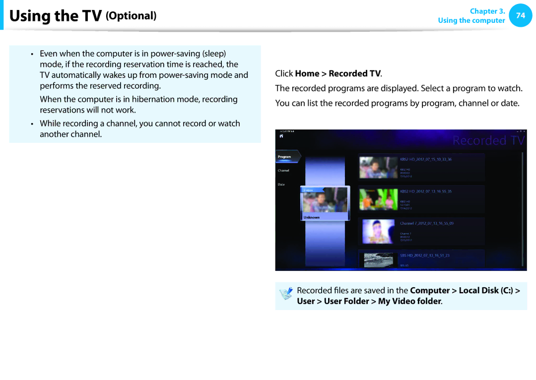 Samsung DP515A2GK01US user manual Playing a recorded program, Click Home Recorded TV 