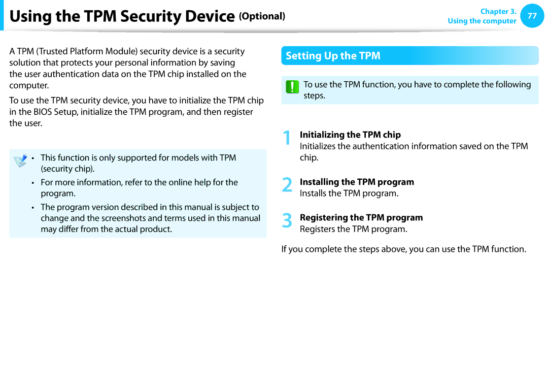 Samsung DP515A2GK01US user manual Setting Up the TPM, Initializing the TPM chip, Installing the TPM program 