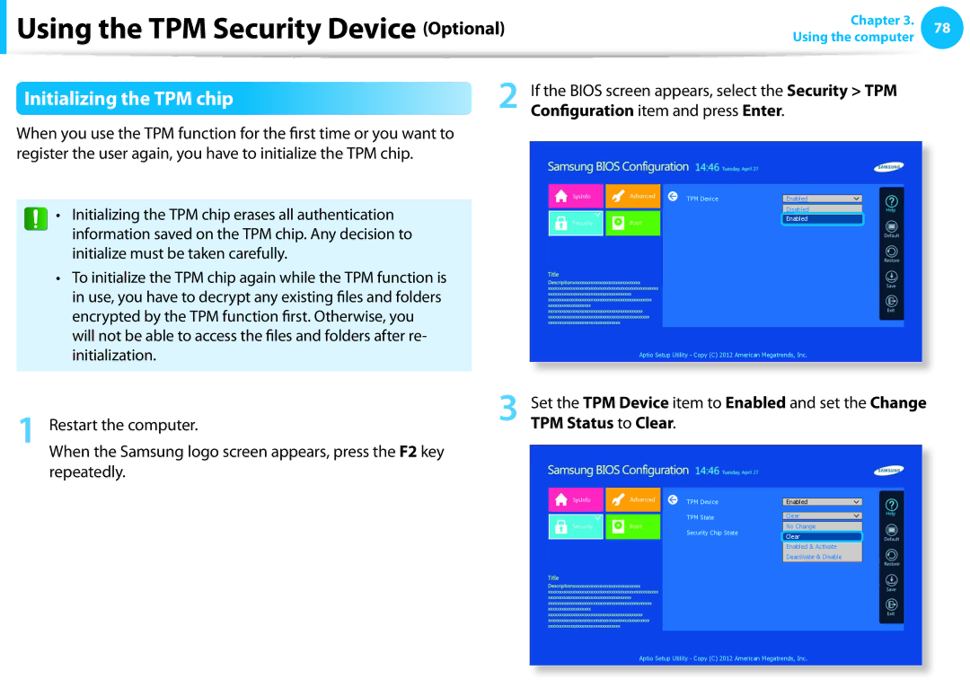 Samsung DP515A2GK01US user manual Initializing the TPM chip, TPM Status to Clear 