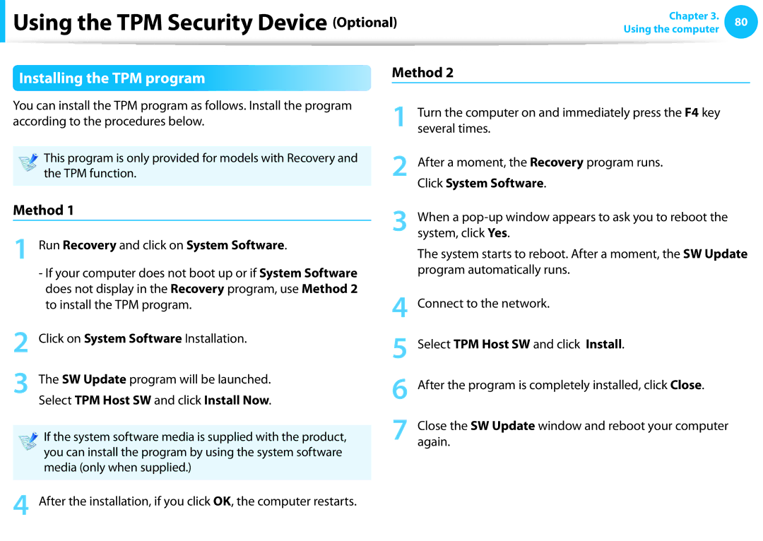 Samsung DP515A2GK01US user manual Installing the TPM program, Method 