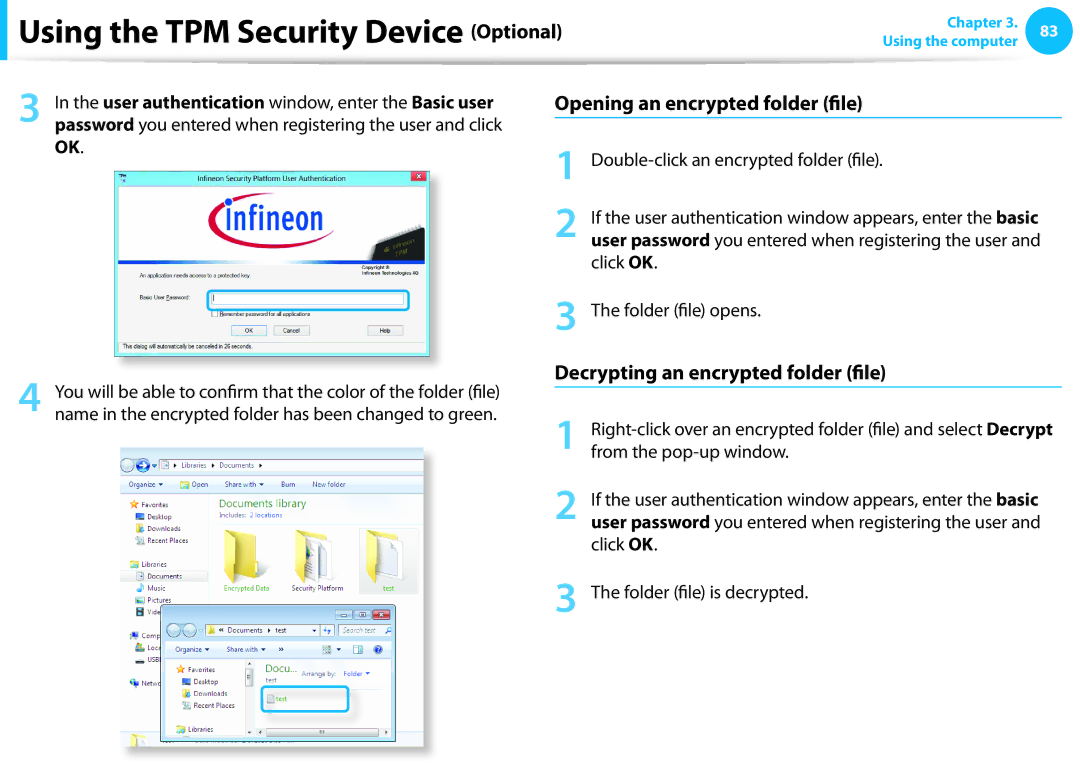 Samsung DP515A2GK01US Opening an encrypted folder file, Decrypting an encrypted folder file, Click OK, Folder file opens 