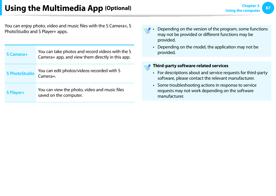 Samsung DP515A2GK01US Using the Multimedia App Optional, Camera+, Player+, Third-party software related services 