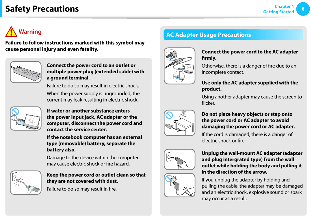 Samsung DP515A2GK01US user manual AC Adapter Usage Precautions, Connect the power cord to the AC adapter firmly 