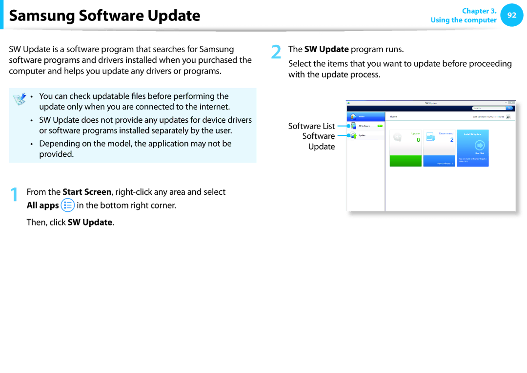 Samsung DP515A2GK01US user manual Samsung Software Update, Bottom right corner Then, click SW Update 