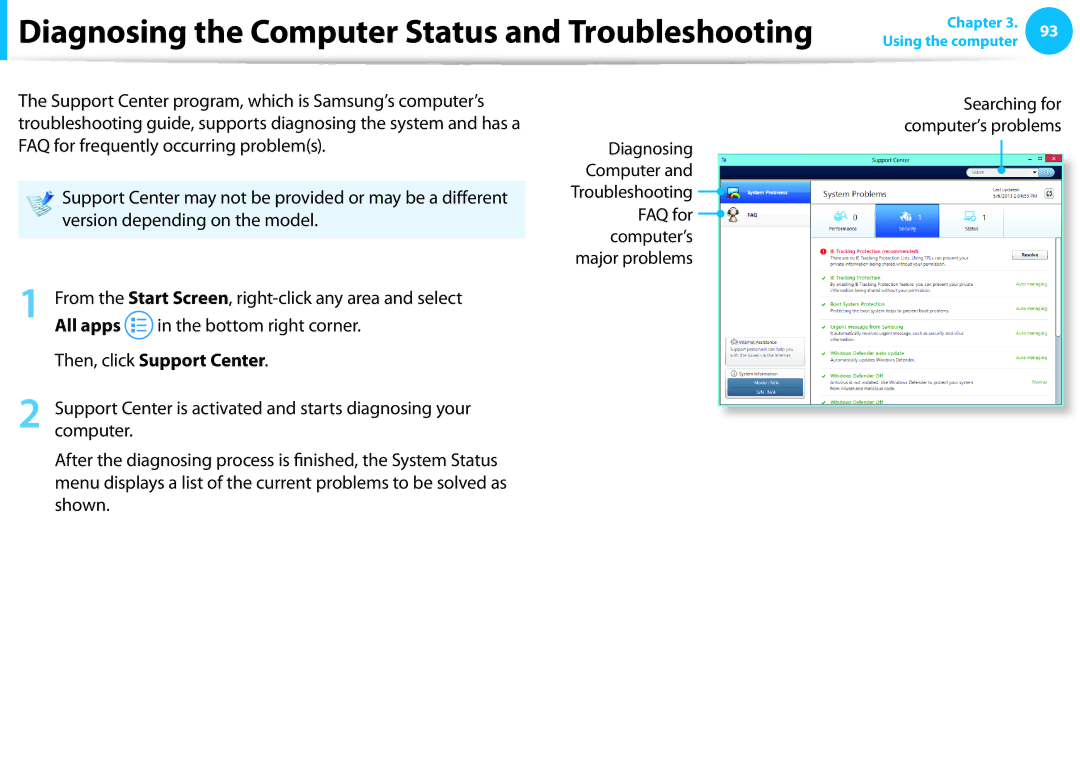 Samsung DP515A2GK01US user manual Diagnosing the Computer Status and Troubleshooting, Then, click Support Center 