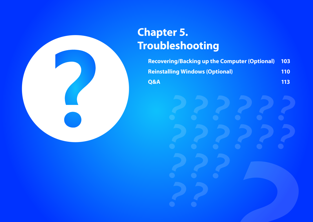 Samsung DP515A2GK01US Chapter Troubleshooting, Reinstalling Windows Optional, Recovering/Backing up the Computer Optional 
