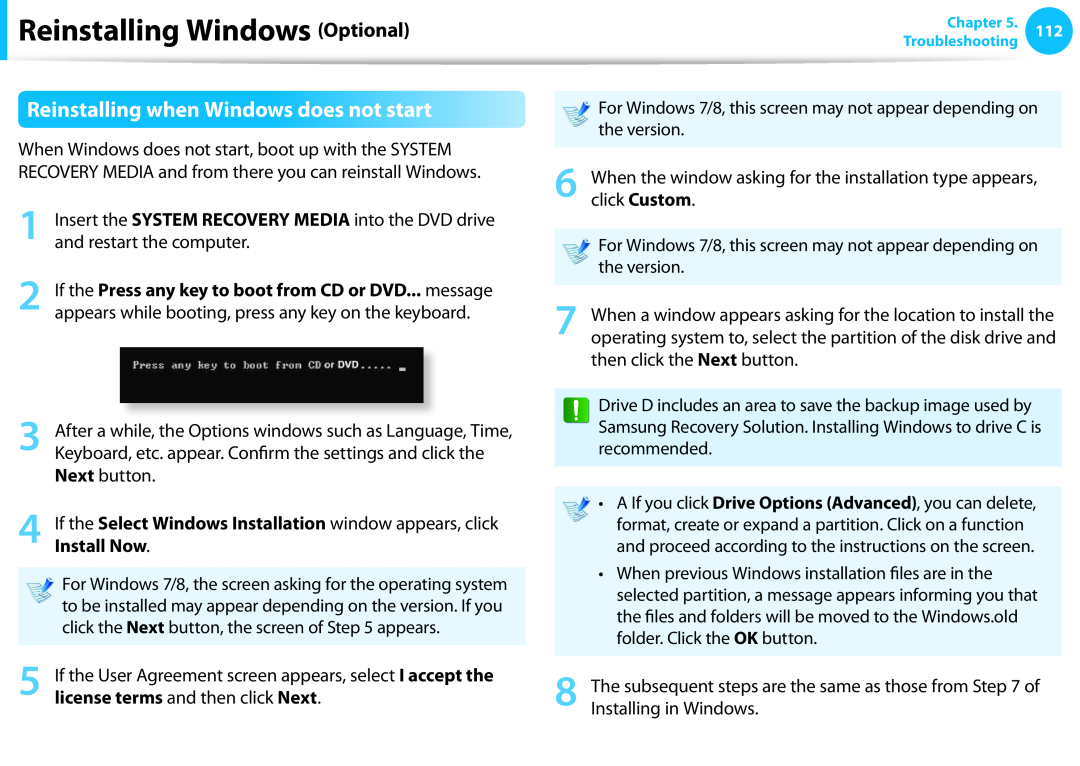 Samsung DP515A2GK01US user manual Reinstalling when Windows does not start, Reinstalling Windows Optional, Install Now 