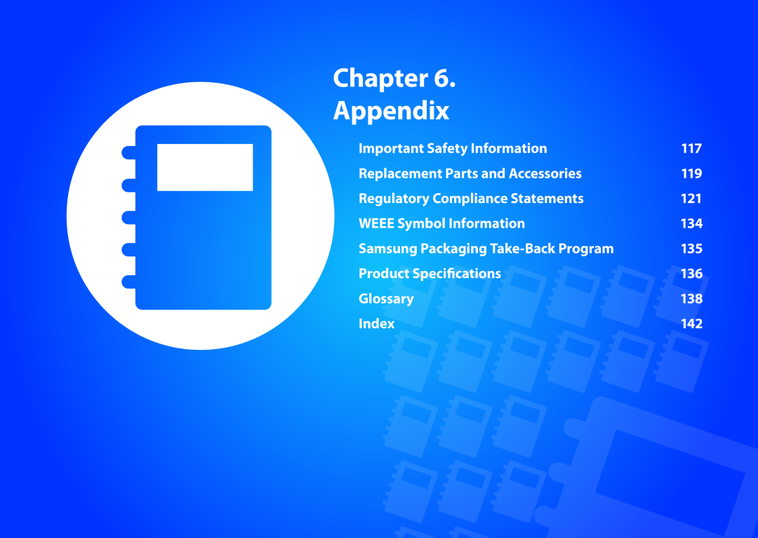 Samsung DP515A2GK01US Chapter Appendix, Important Safety Information, Replacement Parts and Accessories, Glossary, Index 