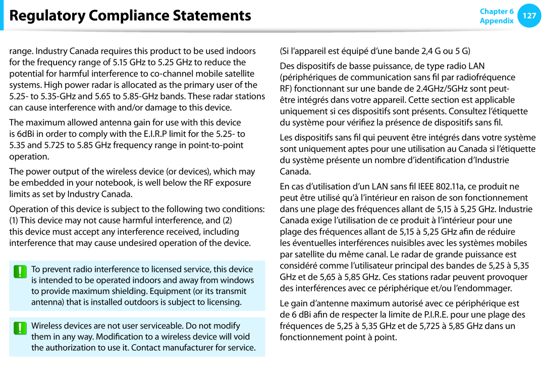 Samsung DP515A2GK01US user manual Regulatory Compliance Statements, Si l’appareil est équipé d’une bande 2,4 G ou 5 G 