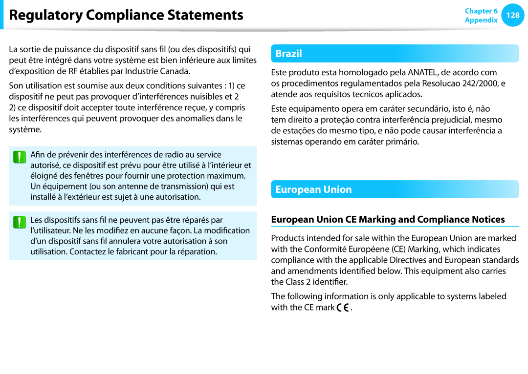 Samsung DP515A2GK01US Brazil, European Union CE Marking and Compliance Notices, Regulatory Compliance Statements 