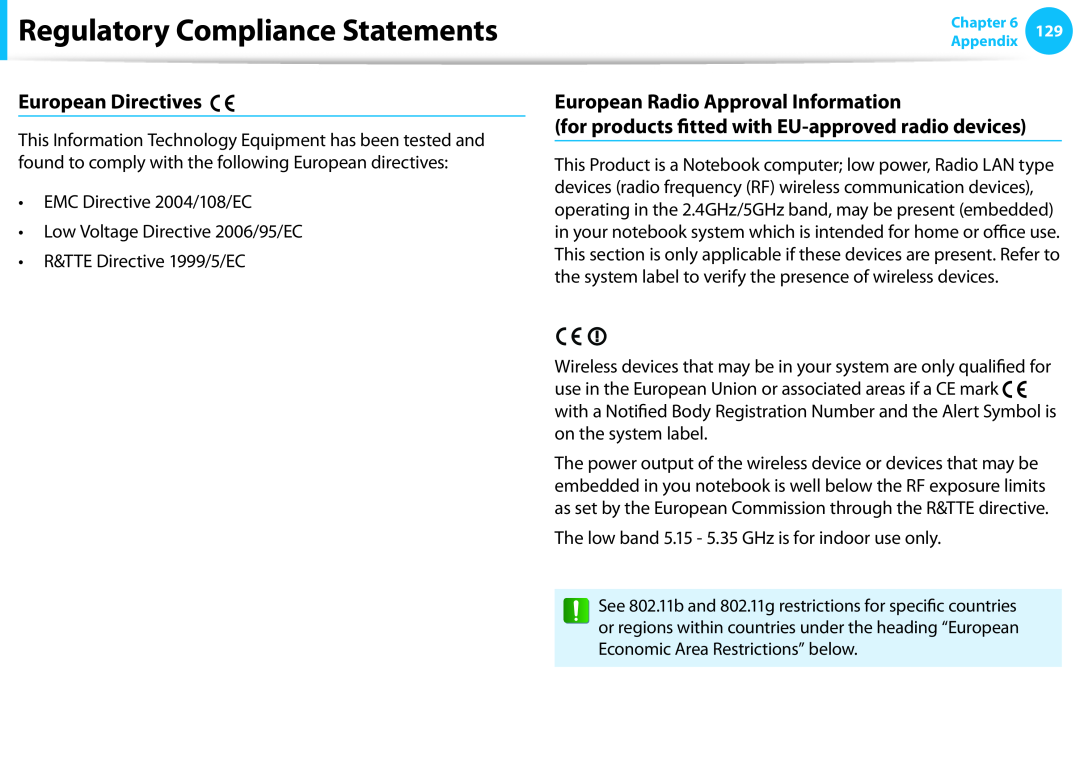 Samsung DP515A2GK01US European Directives, European Radio Approval Information, Regulatory Compliance Statements 