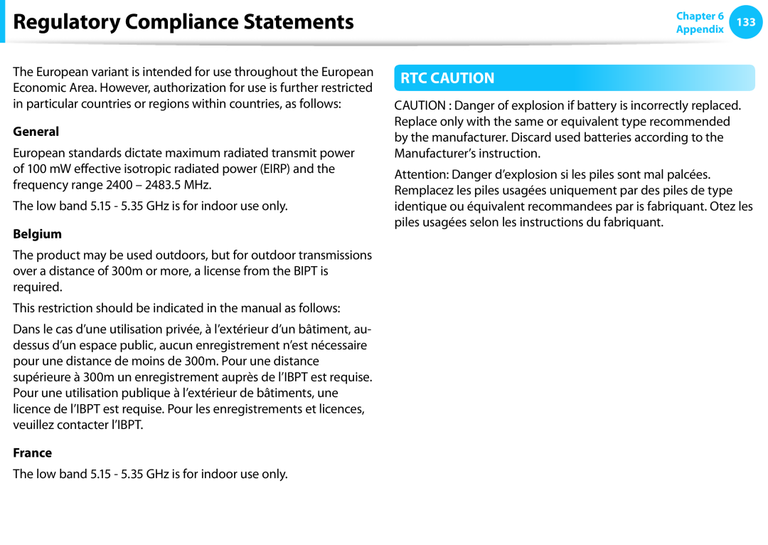 Samsung DP515A2GK01US user manual Rtc Caution, Regulatory Compliance Statements, General, Belgium, France 