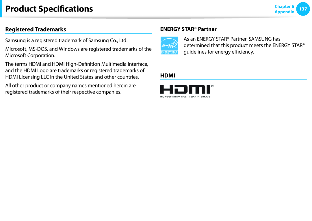 Samsung DP515A2GK01US user manual Registered Trademarks, Hdmi, ENERGY STAR Partner, Product Specifications 