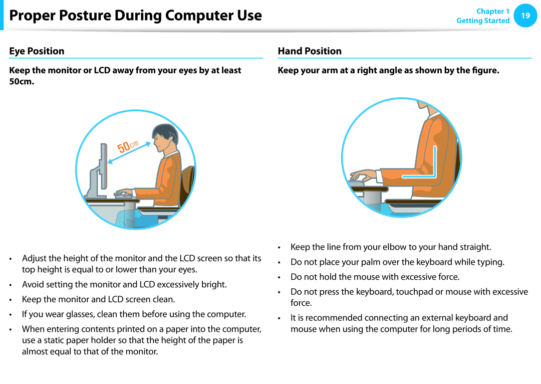 Samsung DP515A2GK01US user manual Eye Position, Hand Position, Proper Posture During Computer Use 