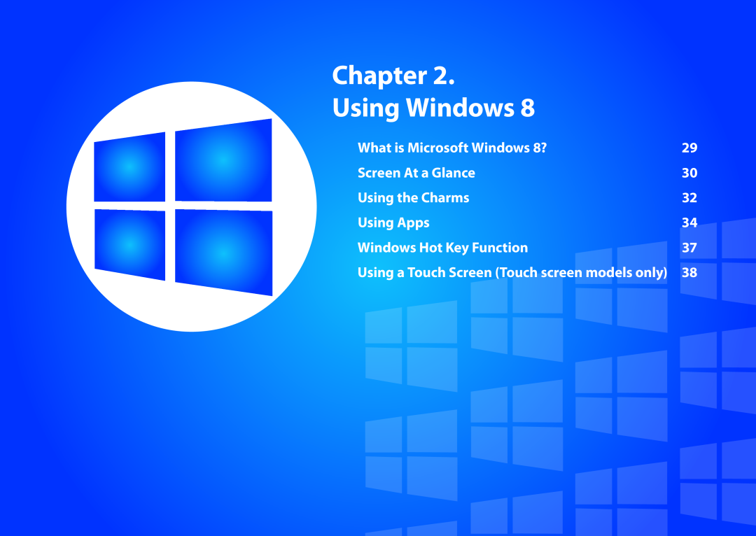 Samsung DP515A2GK01US user manual Chapter Using Windows, What is Microsoft Windows 8?, Screen At a Glance, Using the Charms 