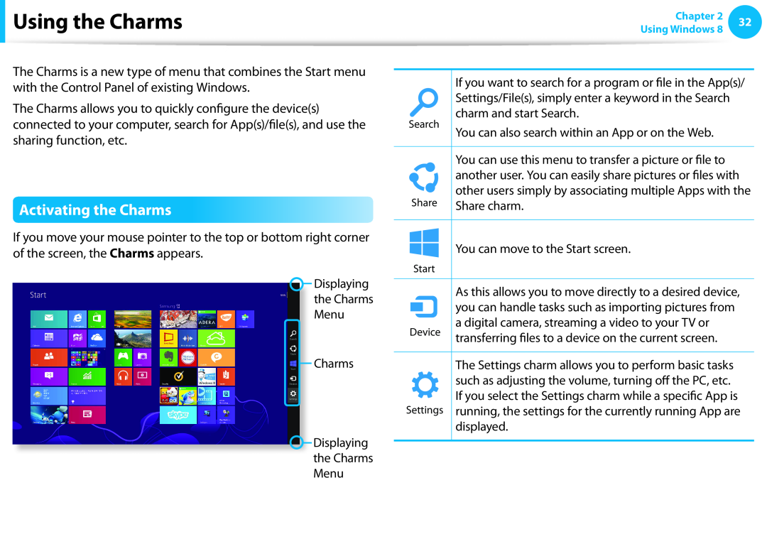 Samsung DP515A2GK01US user manual Using the Charms, Activating the Charms 