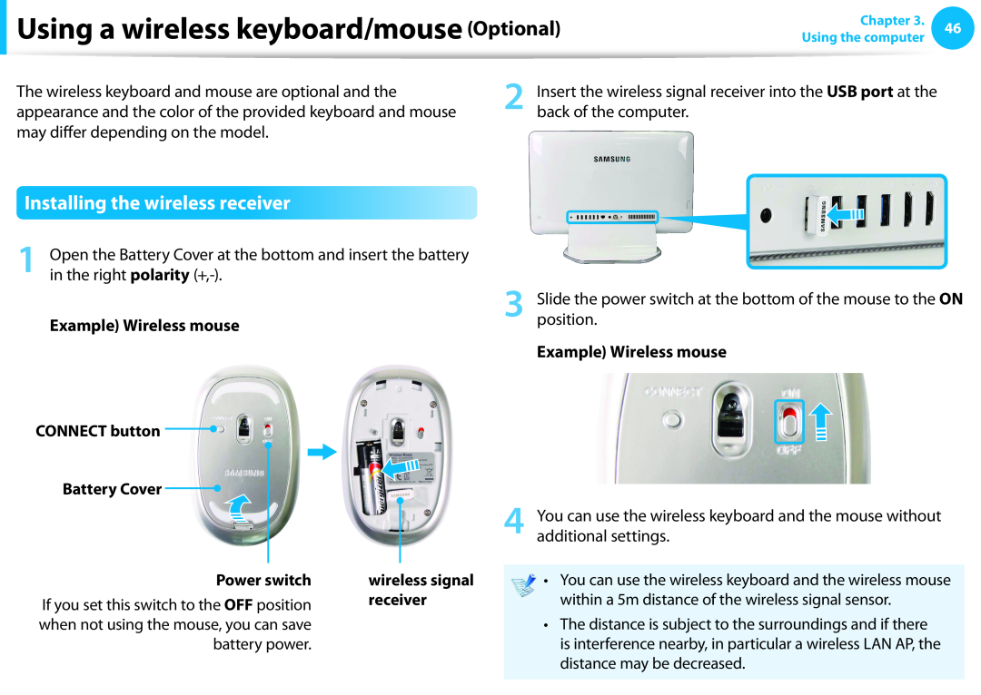 Samsung DP515A2GK01US user manual Using a wireless keyboard/mouse Optional, Installing the wireless receiver 