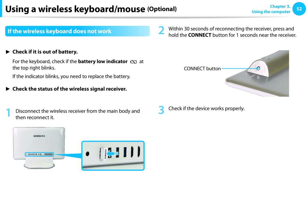 Samsung DP515A2GK01US user manual If the wireless keyboard does not work, Check if it is out of battery 