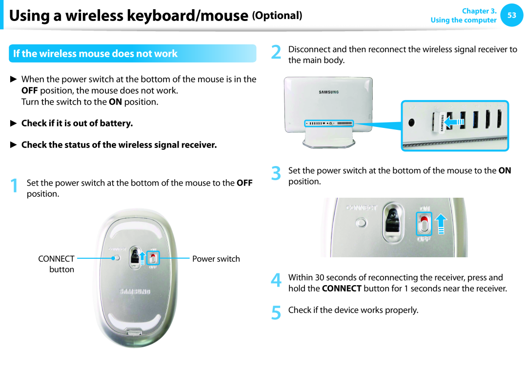 Samsung DP515A2GK01US user manual If the wireless mouse does not work, Using a wireless keyboard/mouse Optional, button 