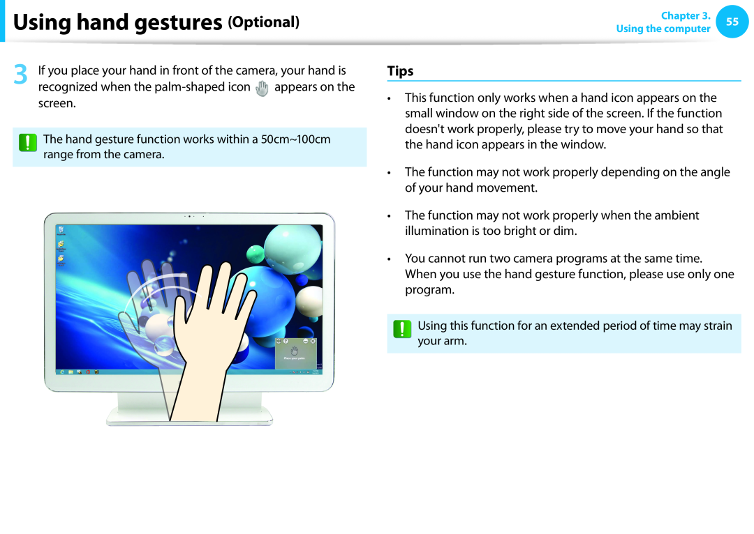 Samsung DP515A2GK01US Tips, Using hand gestures Optional, If you place your hand in front of the camera, your hand is 