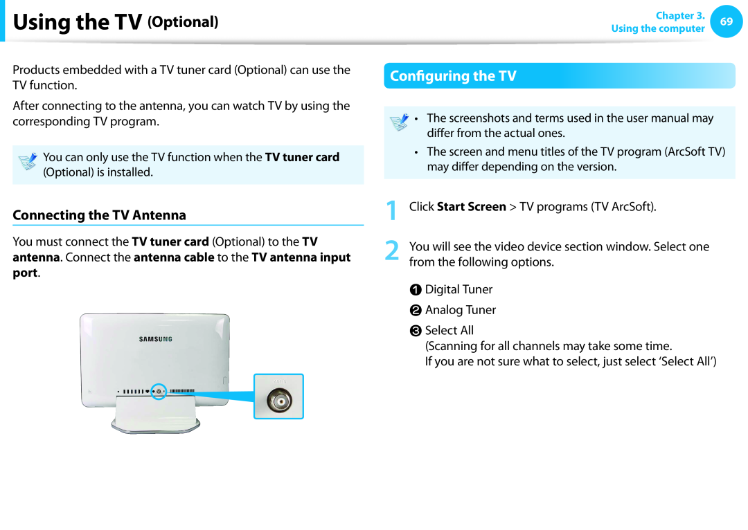 Samsung DP515A2GK01US user manual Using the TV Optional, Configuring the TV, Connecting the TV Antenna 