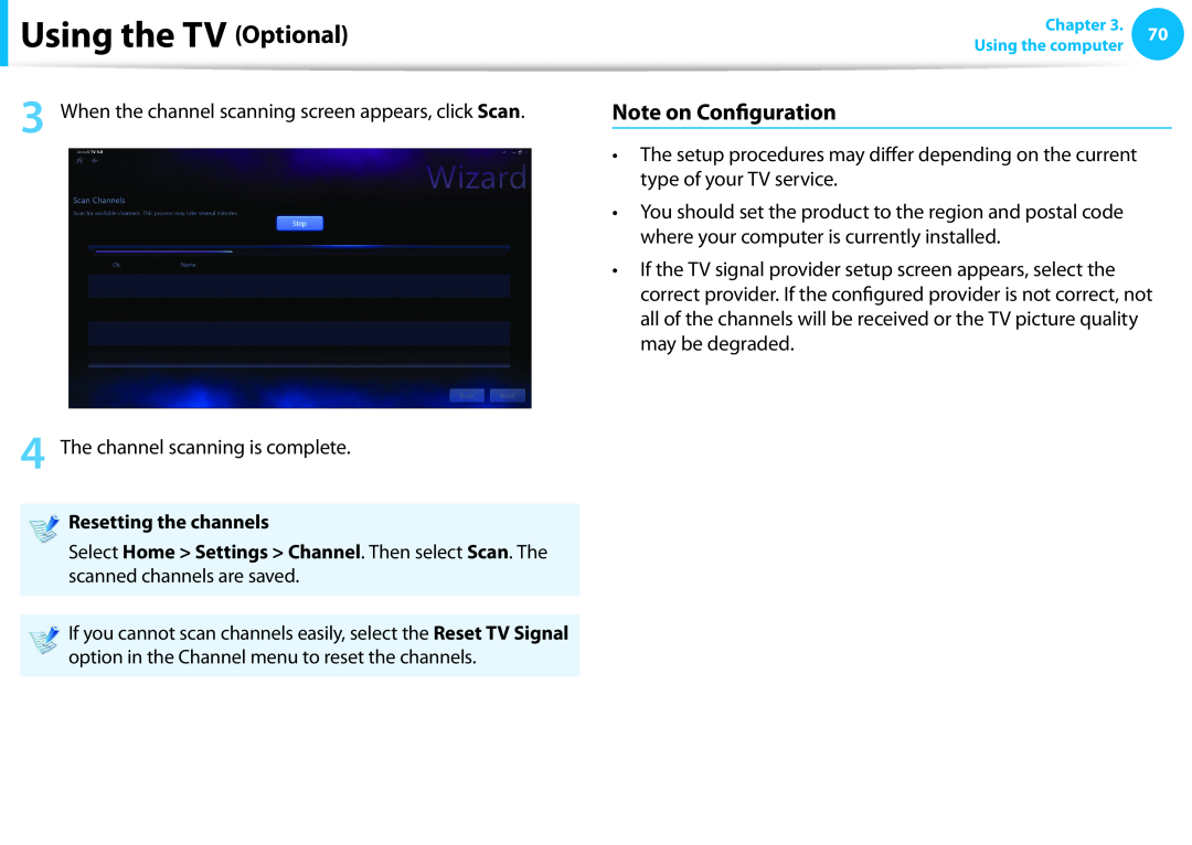 Samsung DP515A2GK01US user manual Note on Configuration, Using the TV Optional, Resetting the channels 