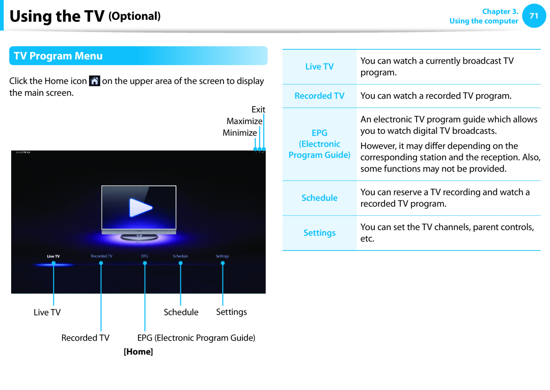 Samsung DP515A2GK01US user manual TV Program Menu, Using the TV Optional, Home 