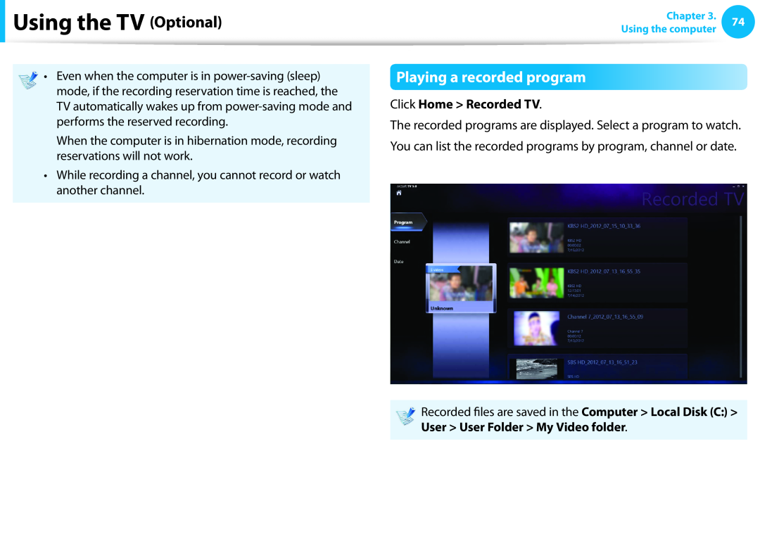 Samsung DP515A2GK01US user manual Playing a recorded program, Using the TV Optional, Click Home Recorded TV 