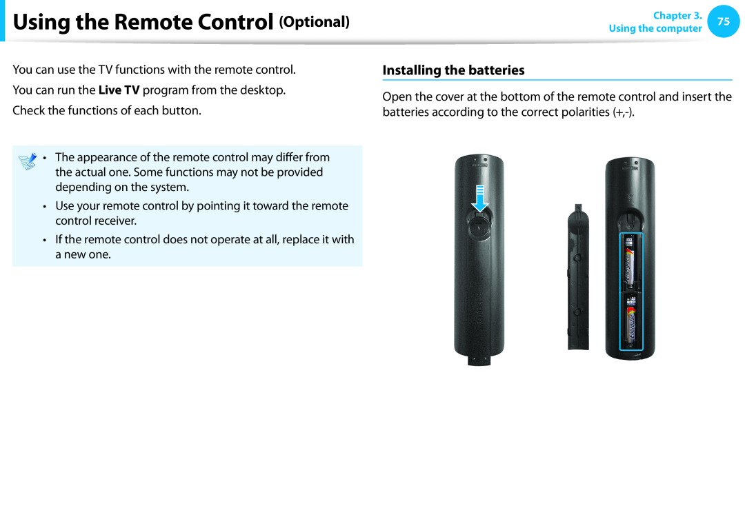 Samsung DP515A2GK01US user manual Using the Remote Control Optional, Installing the batteries 