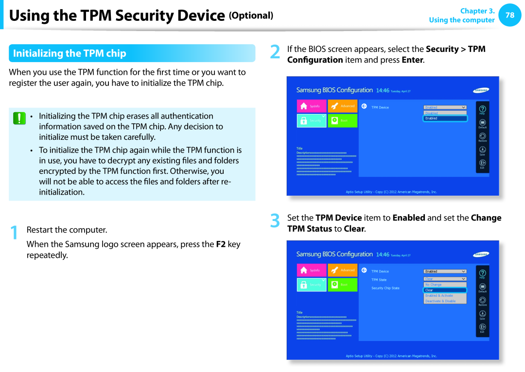 Samsung DP515A2GK01US user manual Using the TPM Security Device Optional, Initializing the TPM chip 