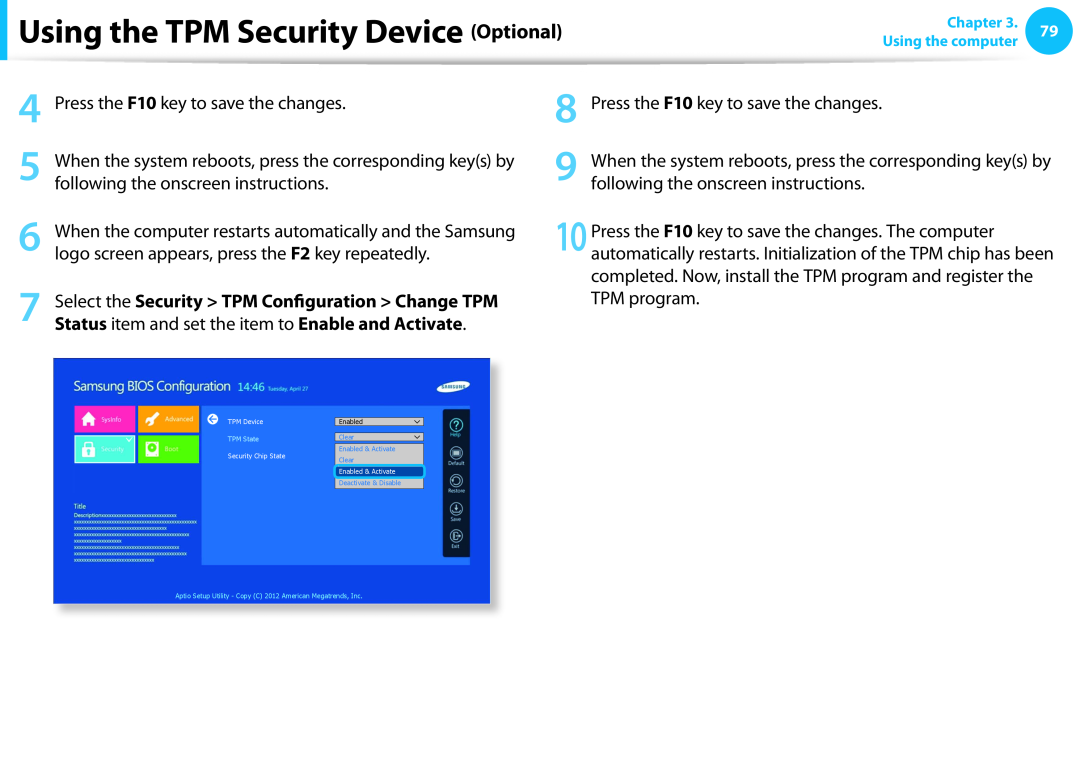 Samsung DP515A2GK01US user manual Using the TPM Security Device Optional 