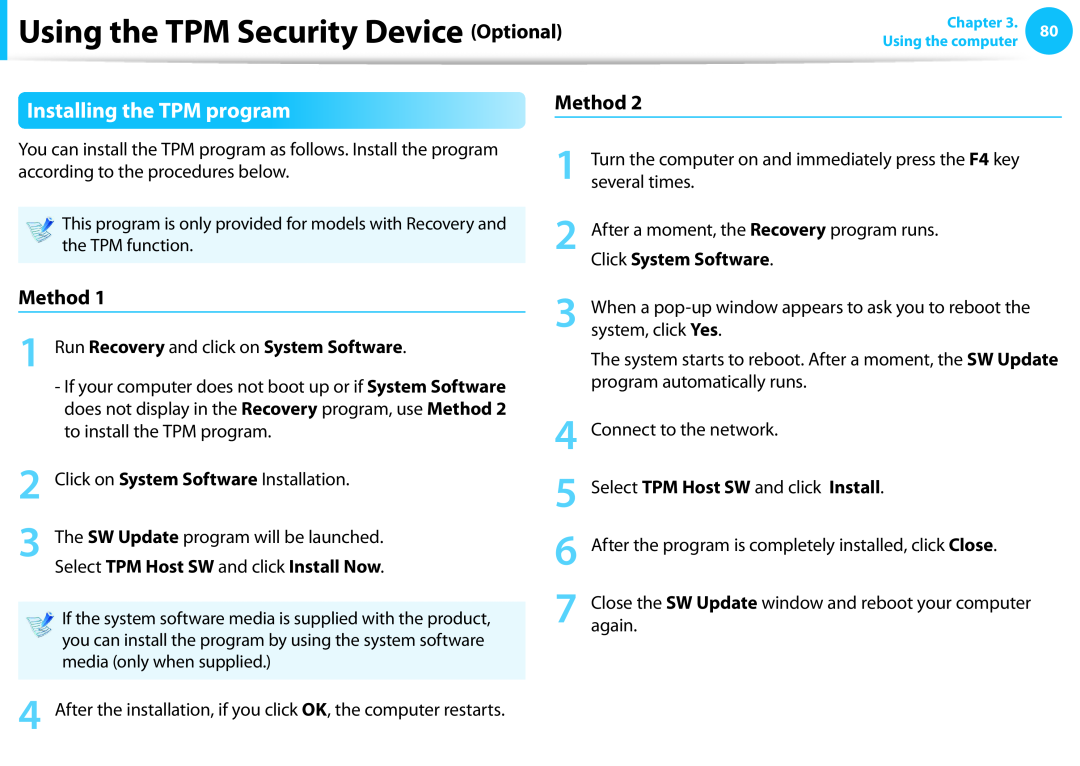 Samsung DP515A2GK01US Installing the TPM program, Method, Using the TPM Security Device Optional, Click System Software 
