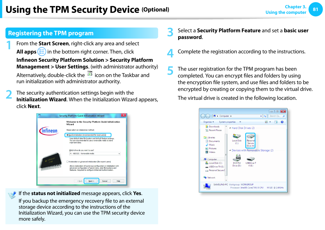 Samsung DP515A2GK01US user manual Registering the TPM program, Using the TPM Security Device Optional 