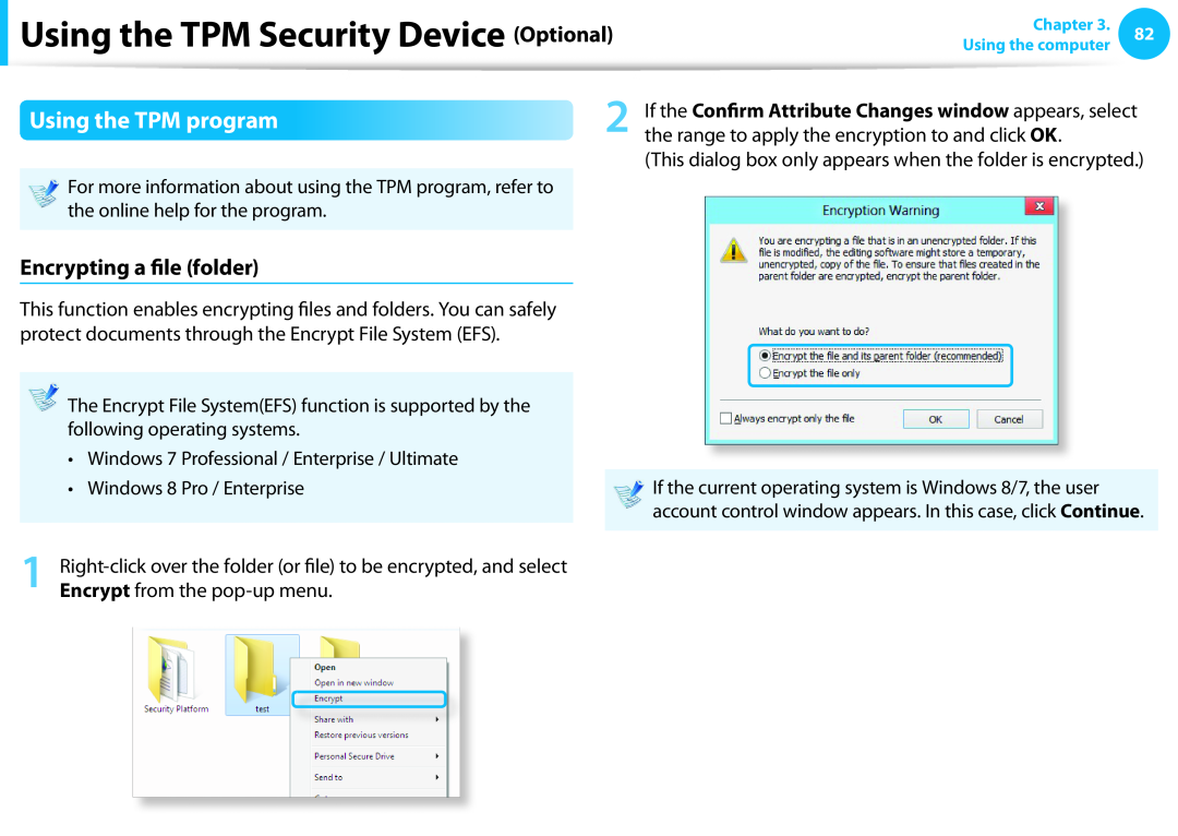 Samsung DP515A2GK01US user manual Using the TPM program, Encrypting a file folder, Using the TPM Security Device Optional 
