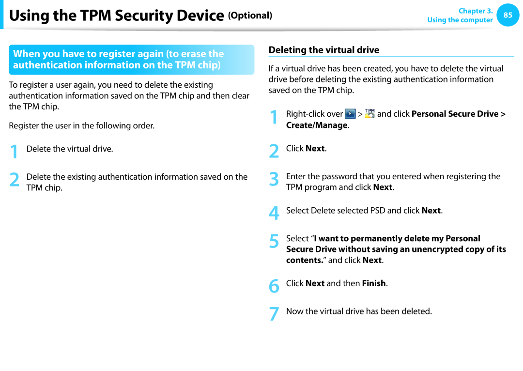 Samsung DP515A2GK01US Deleting the virtual drive, Using the TPM Security Device Optional, and click Personal Secure Drive 