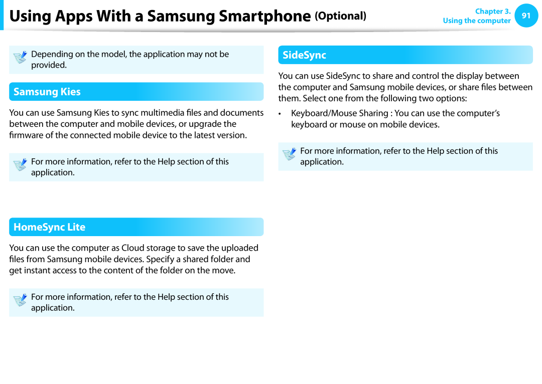 Samsung DP515A2GK01US user manual Using Apps With a Samsung Smartphone Optional, Samsung Kies, SideSync, HomeSync Lite 