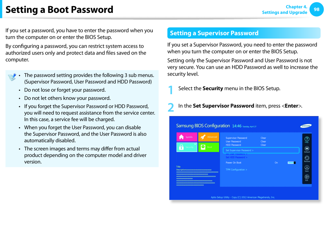 Samsung DP515A2GK01US user manual Setting a Boot Password, Setting a Supervisor Password 