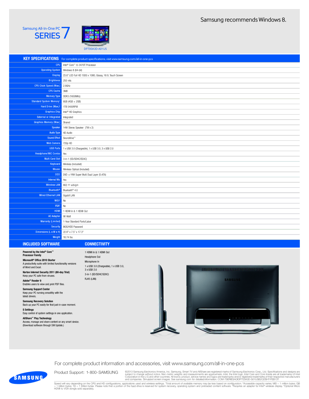 Samsung DP700A3DA01US quick start KEY Specifications, Included Software, Connectivity 