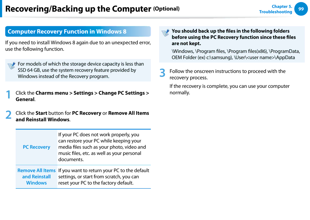 Samsung DP700A7DX01US, DP700A7D-X01US manual Computer Recovery Function in Windows, Are not kept, General, Reinstall Windows 