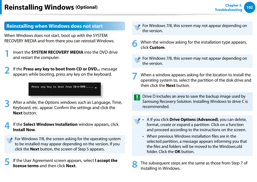 Samsung DP700A3D-A01US, DP700A7D-X01US, DP700A7DS03US, DP700A3DK01US Reinstalling when Windows does not start, Install Now 