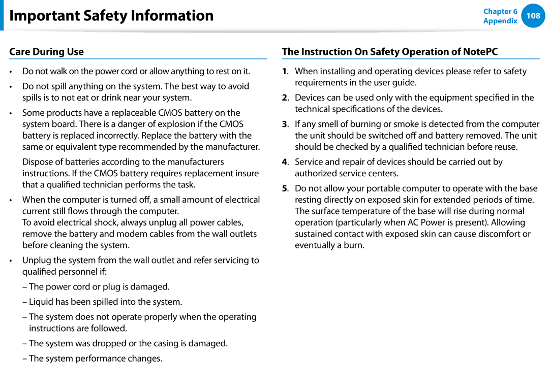 Samsung DP700A3D-A01US, DP700A7D-X01US, DP700A7DS03US manual Care During Use, Instruction On Safety Operation of NotePC 