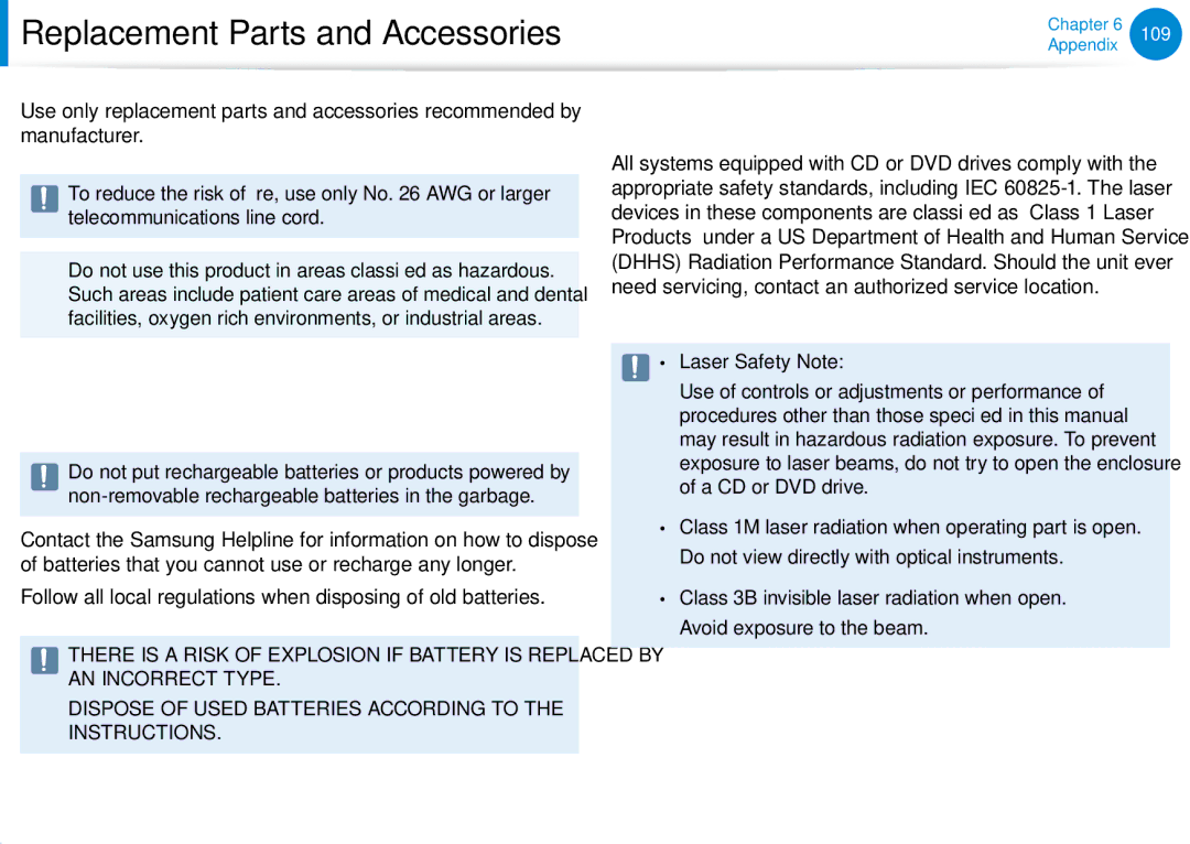 Samsung DP700A7DS03US, DP700A7D-X01US manual Replacement Parts and Accessories, Battery Disposal, Laser Safety Note 