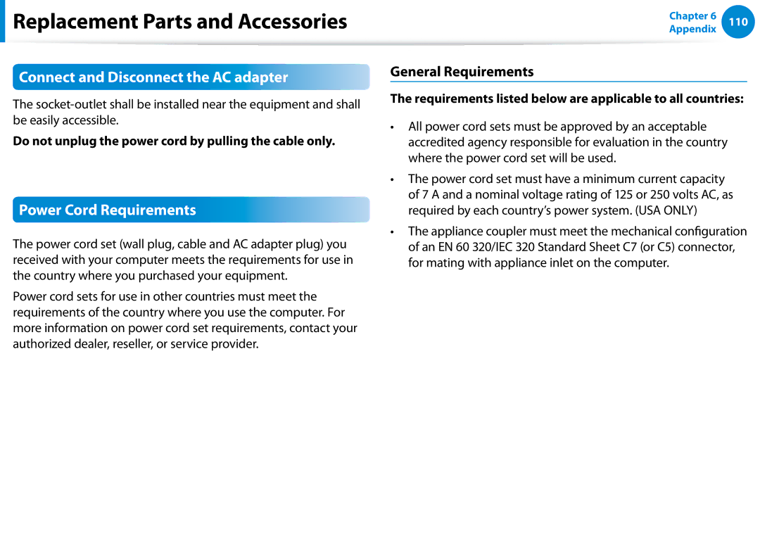 Samsung DP700A3DK01US, DP700A7D-X01US Connect and Disconnect the AC adapter, Power Cord Requirements, General Requirements 