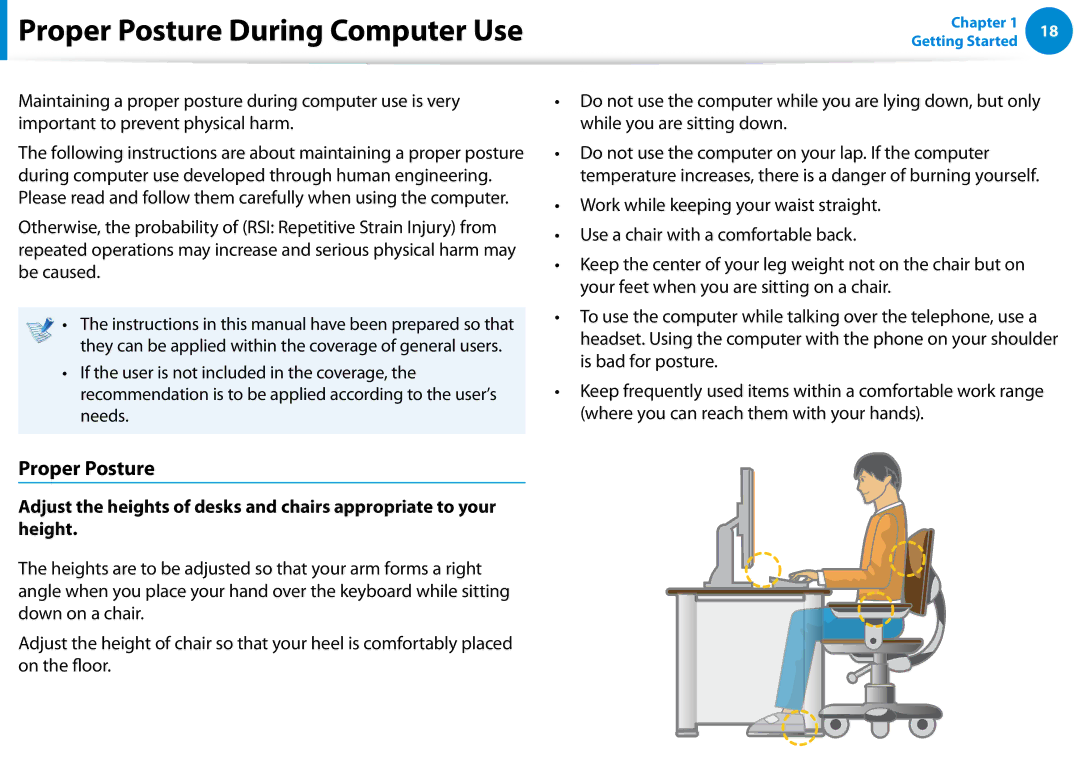 Samsung DP700A3D-A01US, DP700A7D-X01US, DP700A7DS03US, DP700A3DK01US, DP700A7DX01US manual Proper Posture During Computer Use 