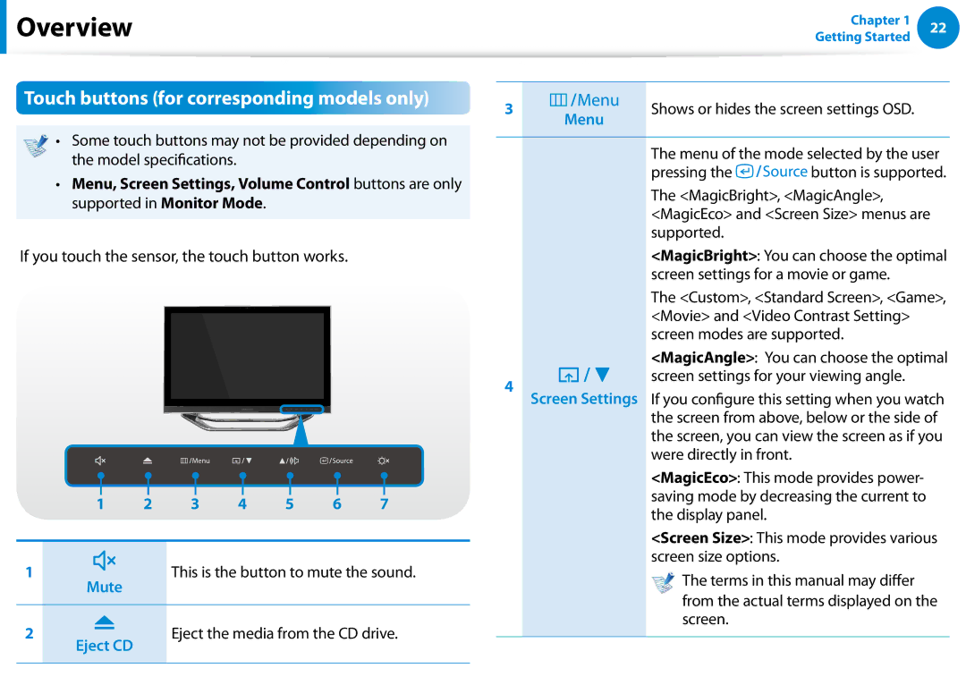 Samsung DP700A7D-S03US Touch buttons for corresponding models only, If you touch the sensor, the touch button works, Menu 