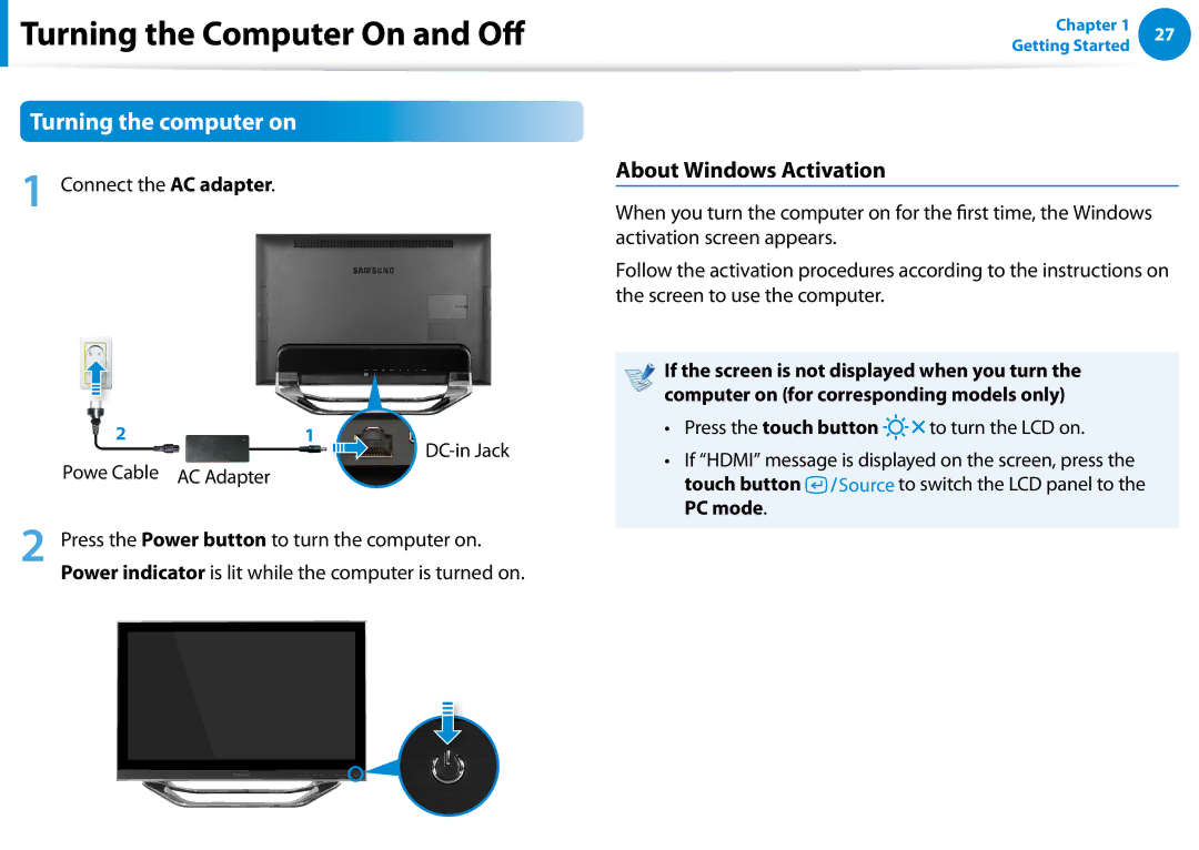 Samsung DP700A7DX01US, DP700A7D-X01US Turning the Computer On and Off, Turning the computer on, About Windows Activation 