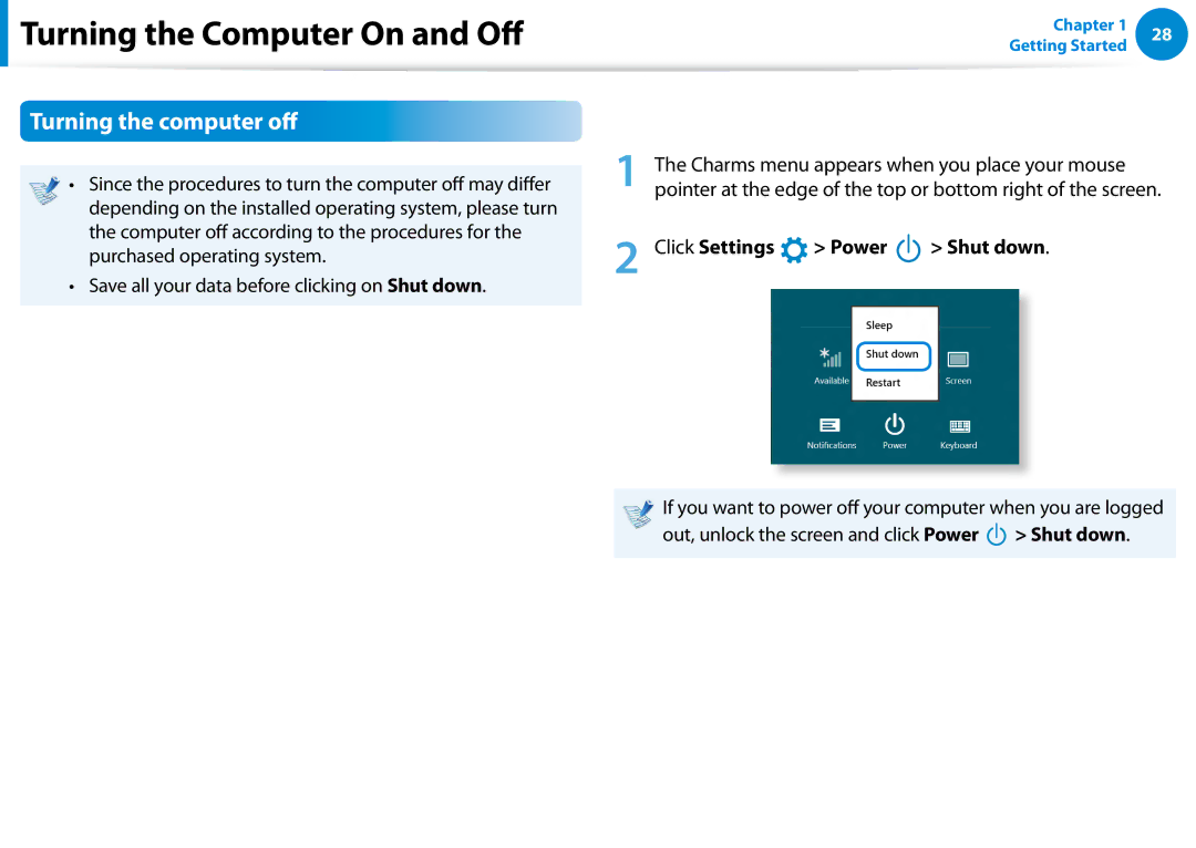 Samsung DP700A7D-S03US Turning the computer off, Purchased operating system, Charms menu appears when you place your mouse 