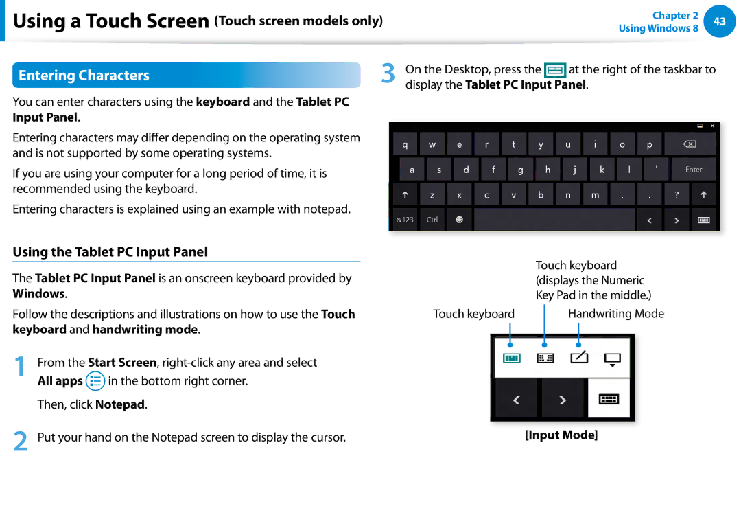 Samsung DP700A7DS03US, DP700A7D-X01US, DP700A3D-A01US, DP700A3DK01US Entering Characters, Using the Tablet PC Input Panel 