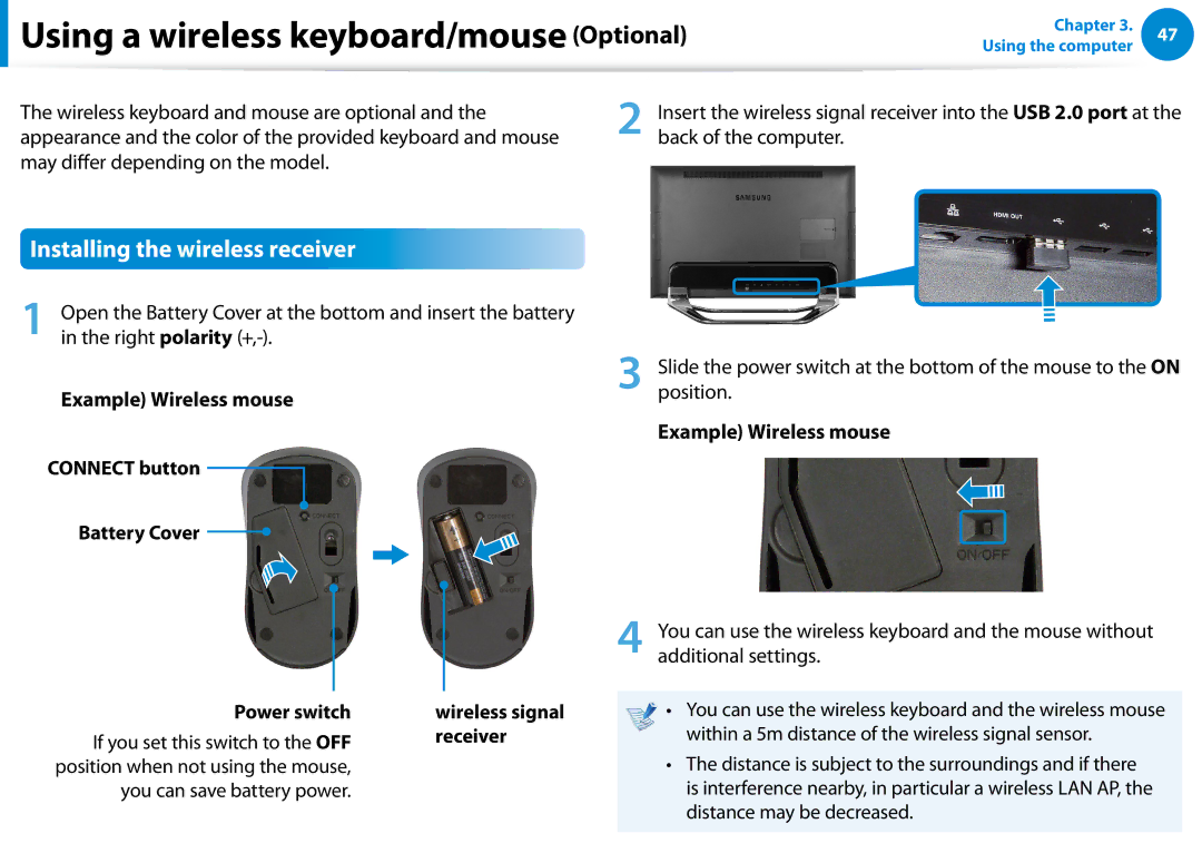 Samsung DP700A7D-X01US manual Using a wireless keyboard/mouse Optional, Installing the wireless receiver, Power switch 