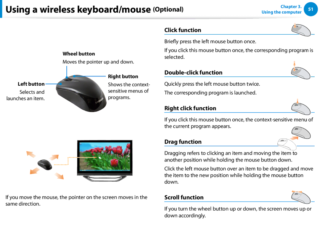 Samsung DP700A7DX01US, DP700A7D-X01US manual Double-click function, Right click function, Drag function, Scroll function 
